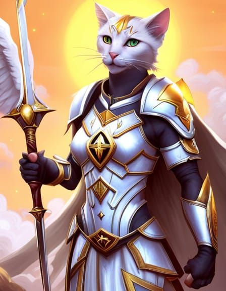 White Cat Paladin in Shiny Iron Armor