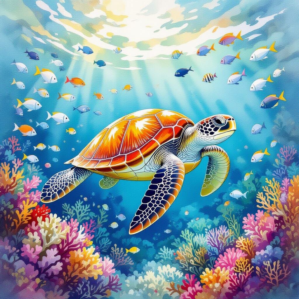 Turtle's Dream: Watercolor Reef Scene