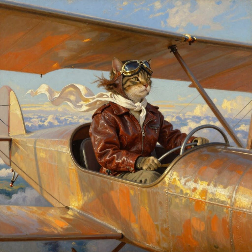 Cat Pilot in Vintage Biplane Oil Painting