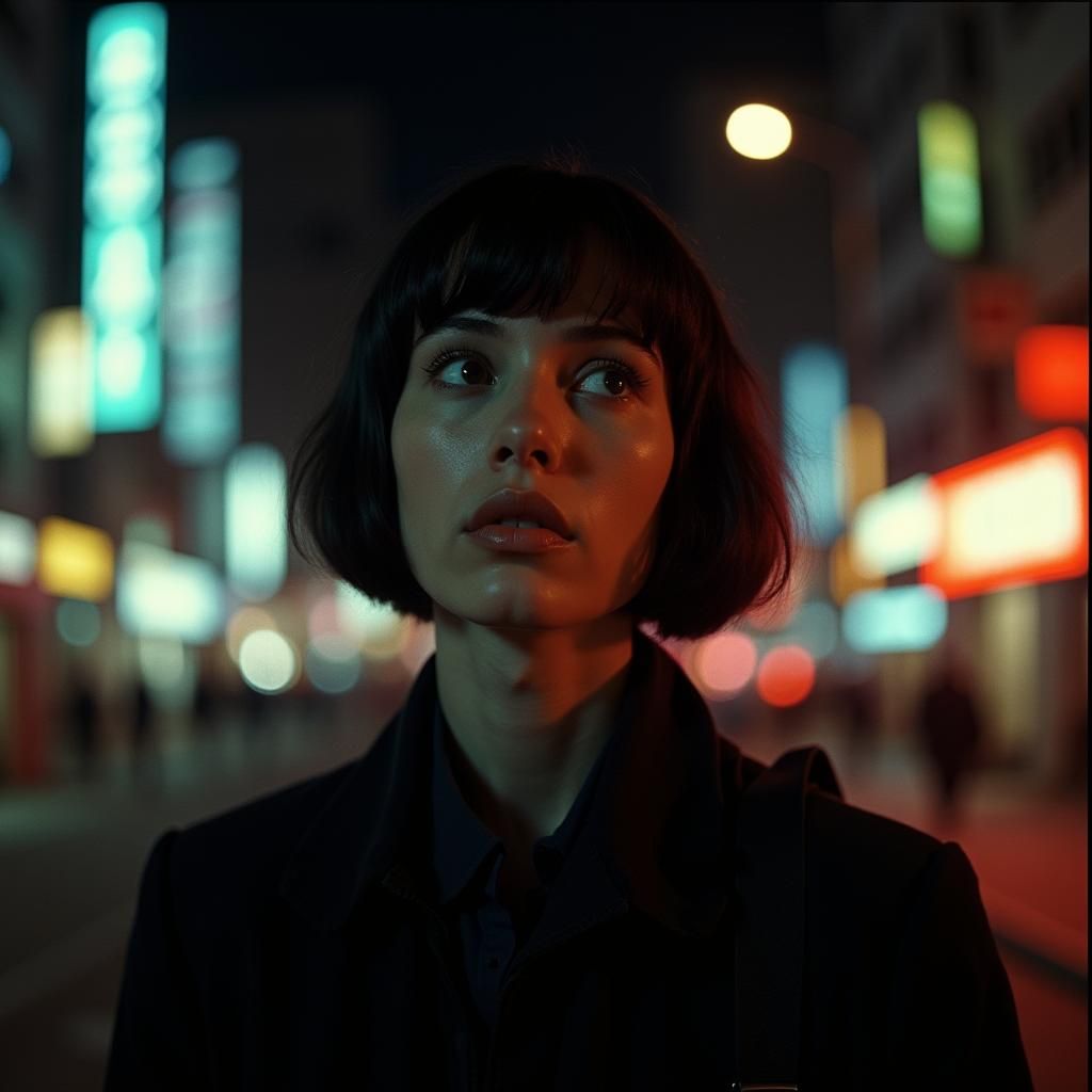 Androgynous Figure in City Lights: Cinematic Film Still