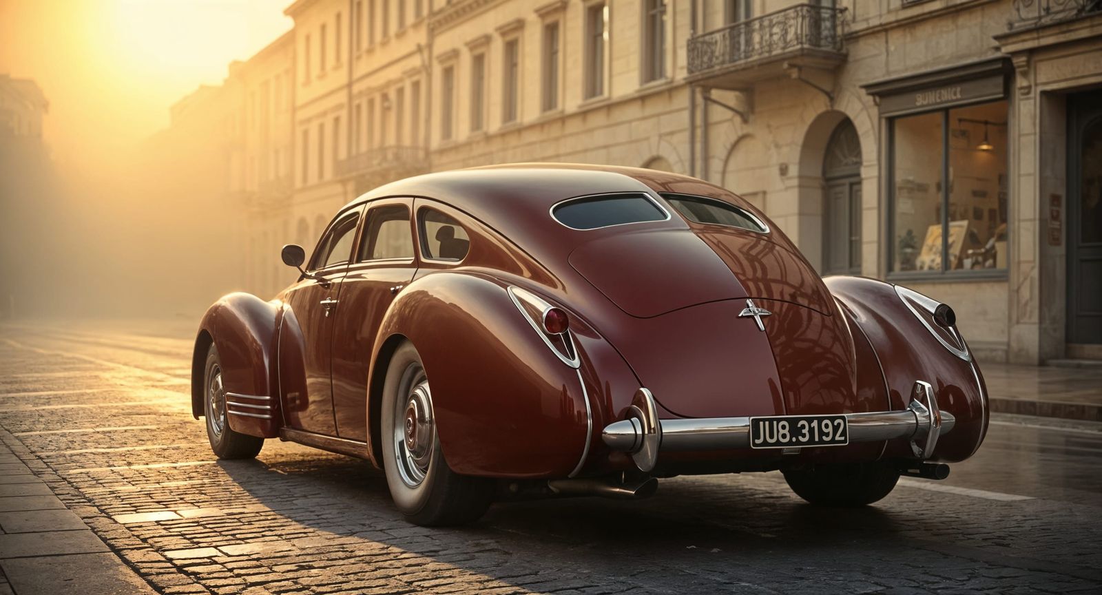 1940s Aerodynamic Limousine in Foggy Italian Cityscape