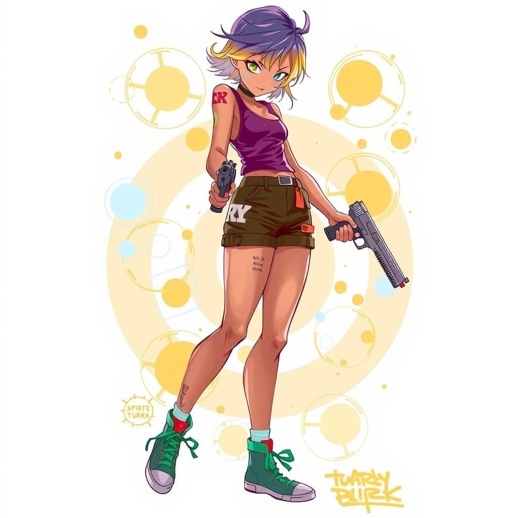 Girl with Vibrant Yellow and Blue Hair Smizes with Guns in S...