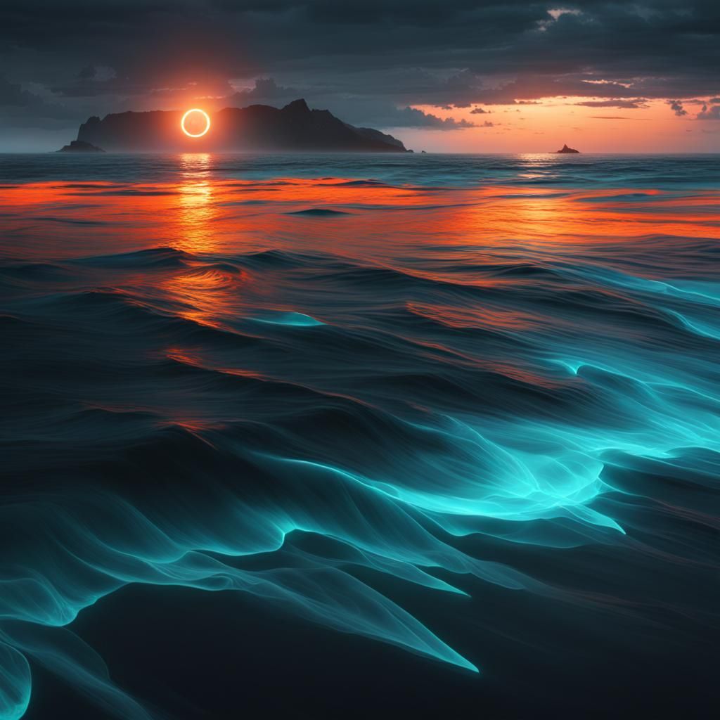 Neon Streams Over Dark Sea: Hyperdetailed Digital Art