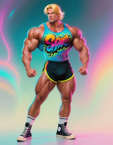 Hyper-Muscular Bodybuilder in Airbrushed 80s Style