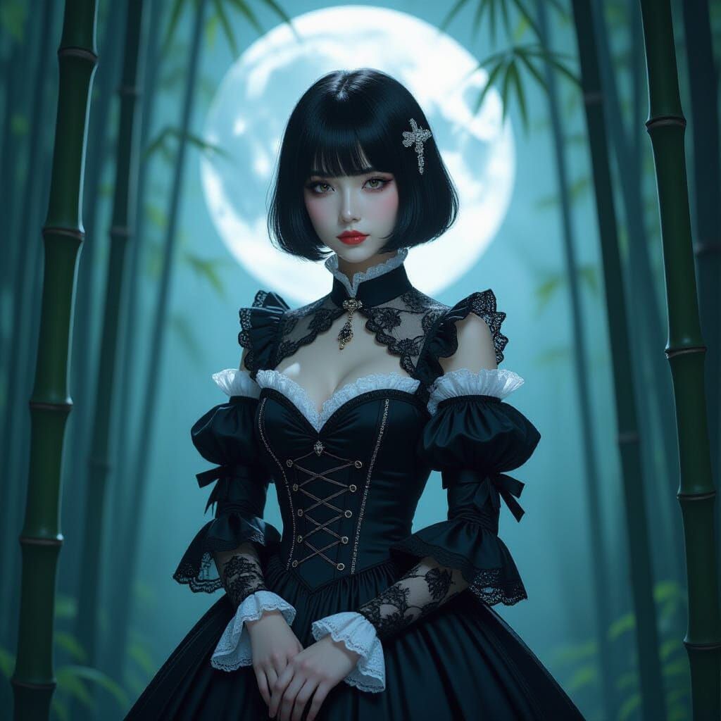 Gothic Lolita in Bamboo Forest: Impasto Hyperrealism