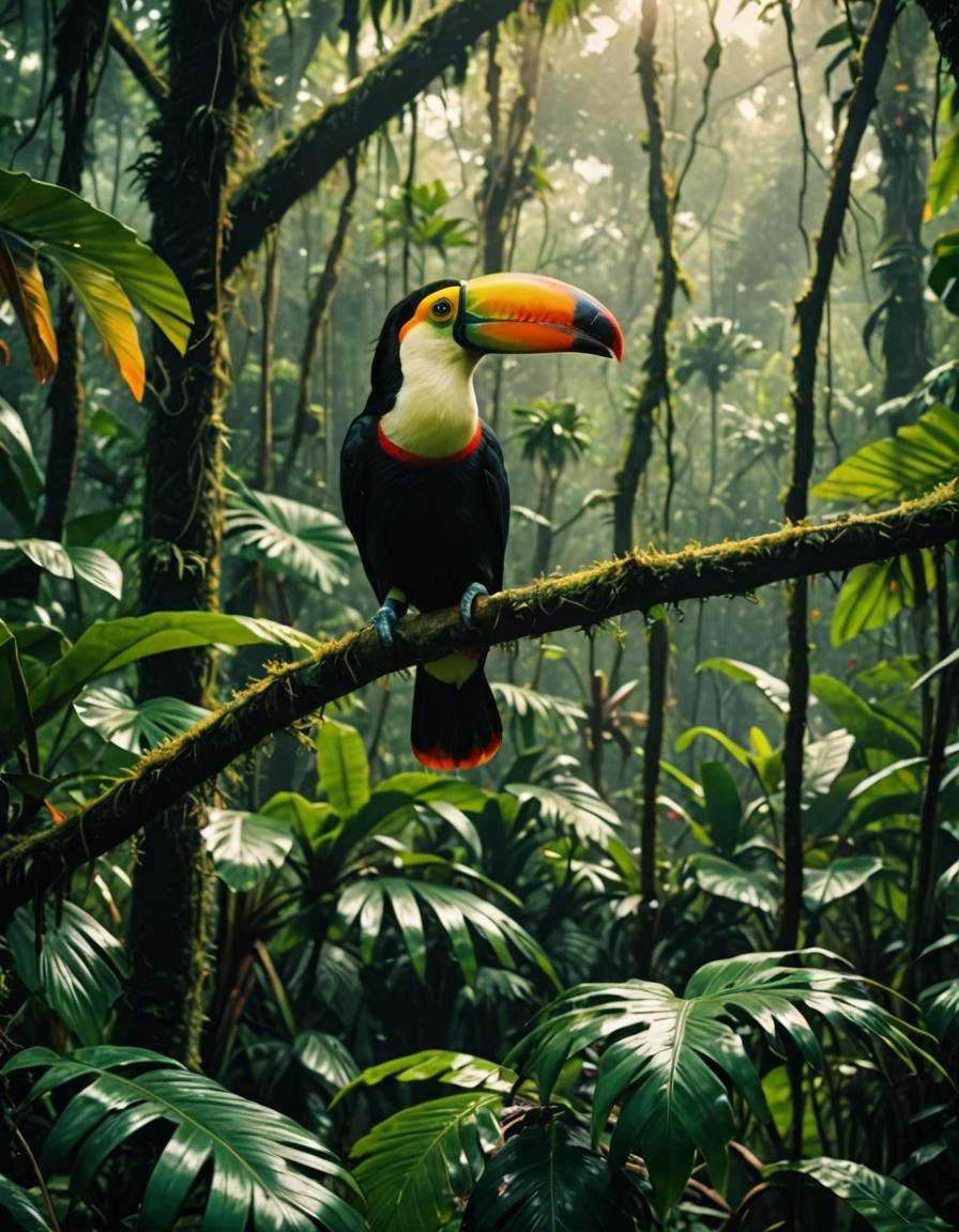 Toucan in Rainforest: Cinematic Film Still