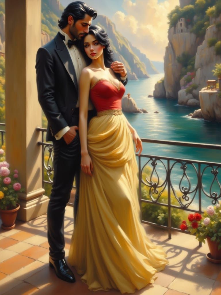 Renaissance Romance Cover Art with Mediterranean Sea Backdro...