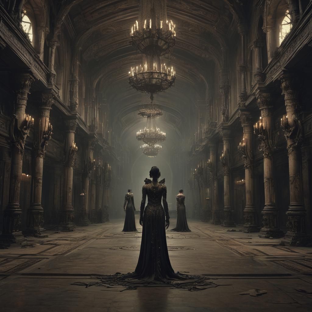 Mythological Women in Ornate Hall: Digital Matte Painting