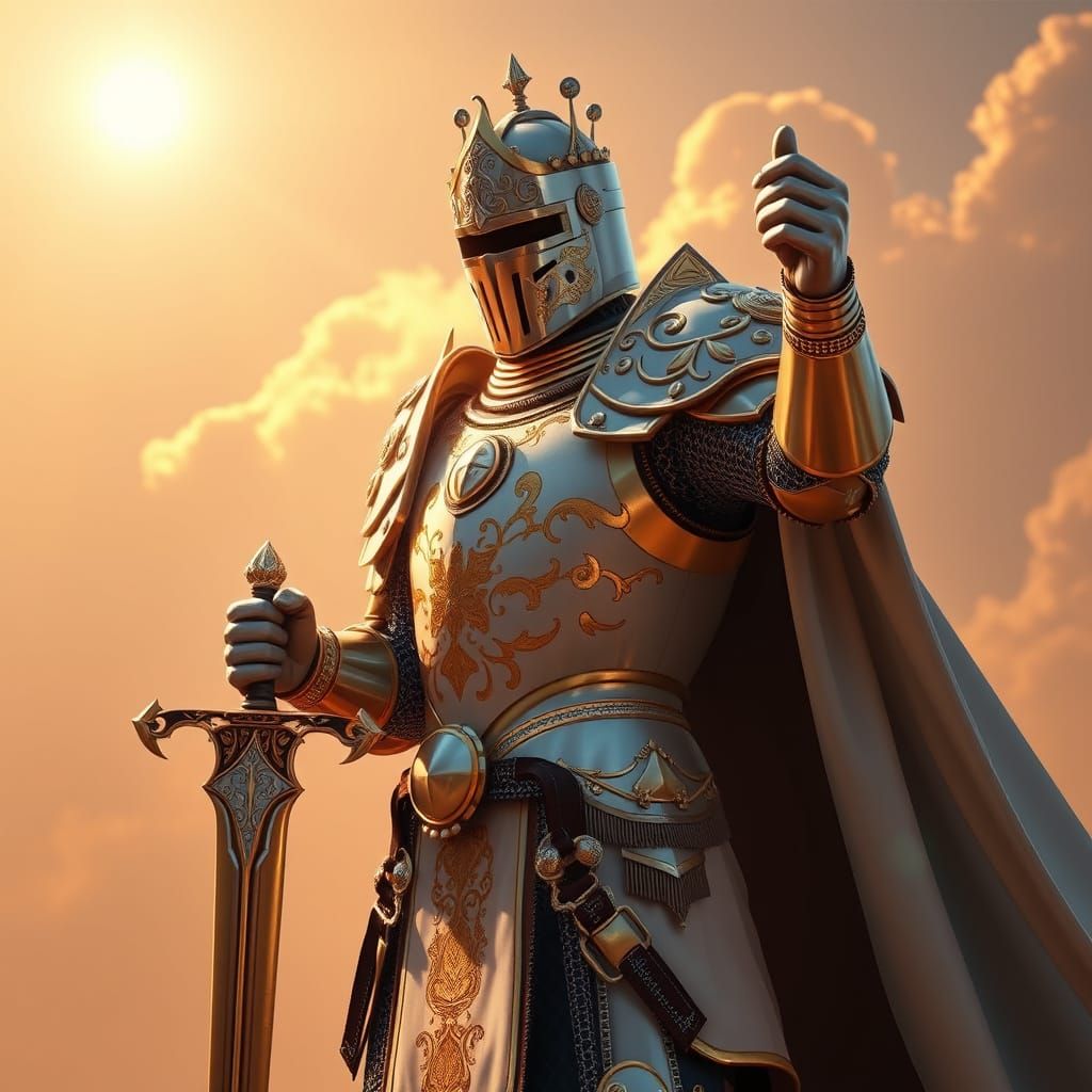 Regal Knight in Shining White Armor Against a Sunny Day