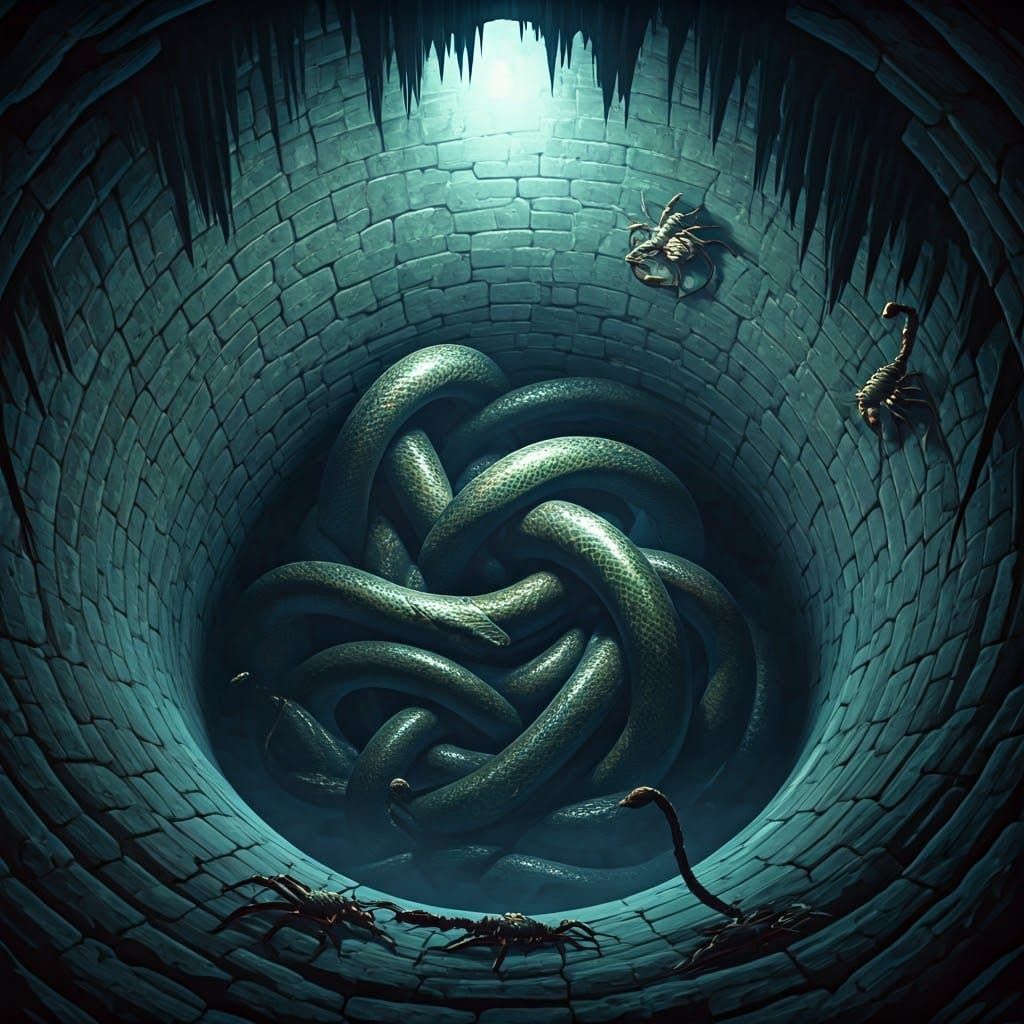 Ancient, Dark, Anime-Style Pit Teeming with Giant Snakes and...
