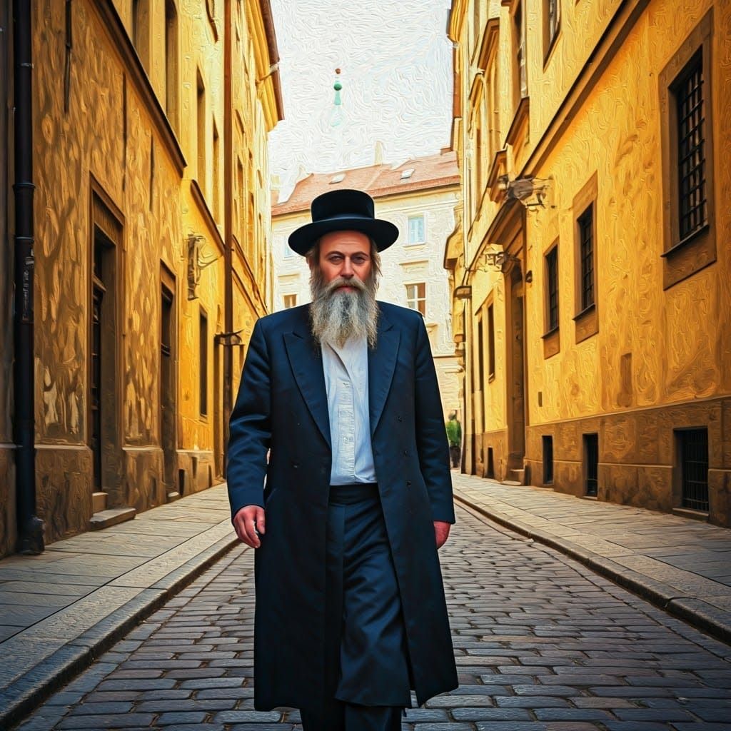 A Hasidic Jew walks through the streets of Krestyre