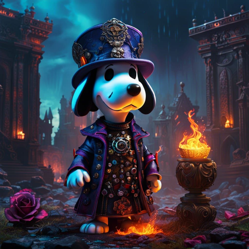 Gothic Fire Sorcerer Snoopy in Cyberpunk Graveyard