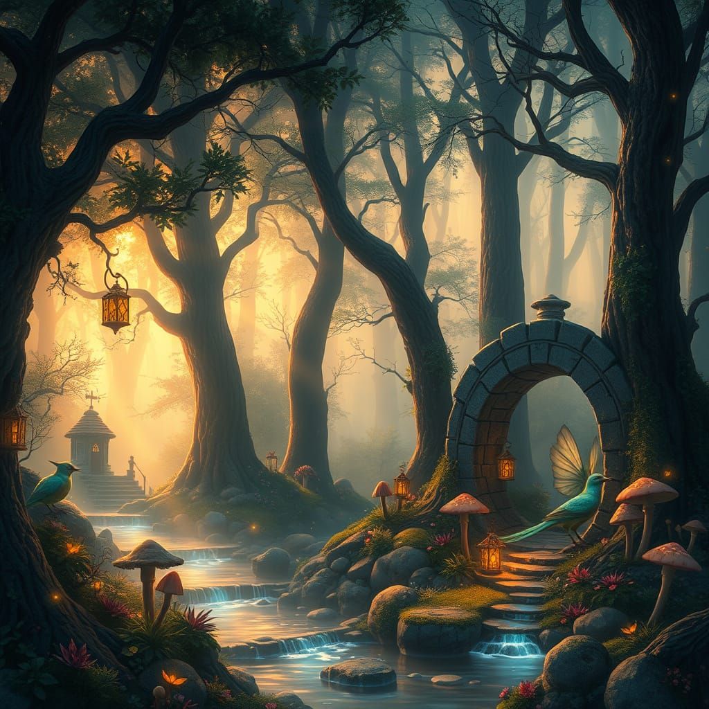 Enchanted Forest with Golden Mist and Fairy Lights