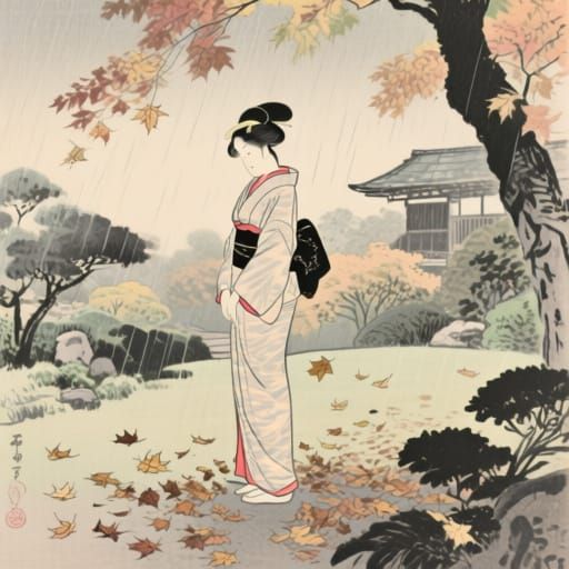 Woman in Kimono: Serene Japanese Garden in Woodblock Style