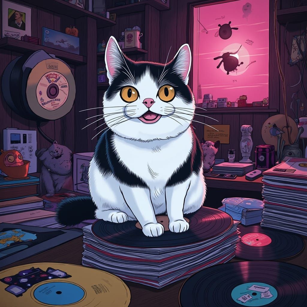 Whimsical Cat on Vinyl Records