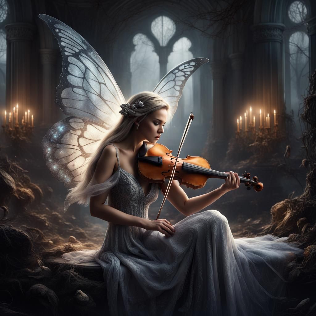 Angelic Violinist Battles Darkness: Digital Matte Painting