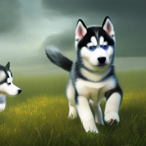 Husky Puppies at Play in a Vibrant Fantasy Field