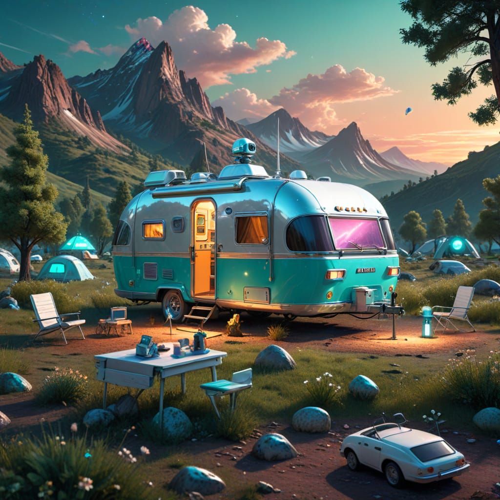 Retro-Future RV Camper on Alien Planet in Astral Style