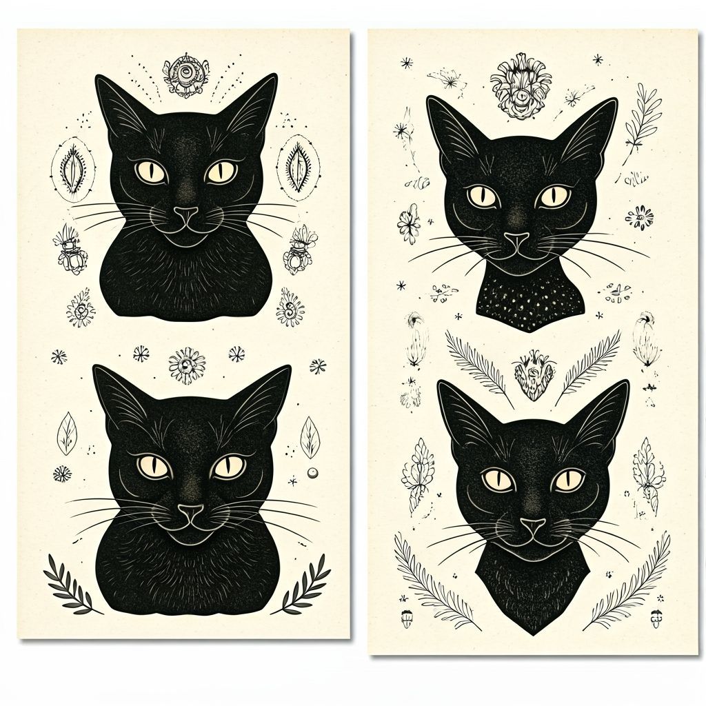 Minimalist Black Cat Line Tattoo Flash Sheet