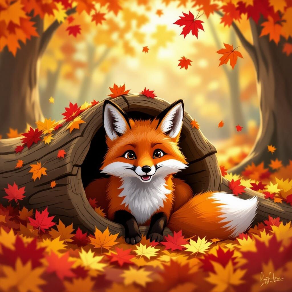 Mischievous Fox Peeking From Log in Autumn Forest