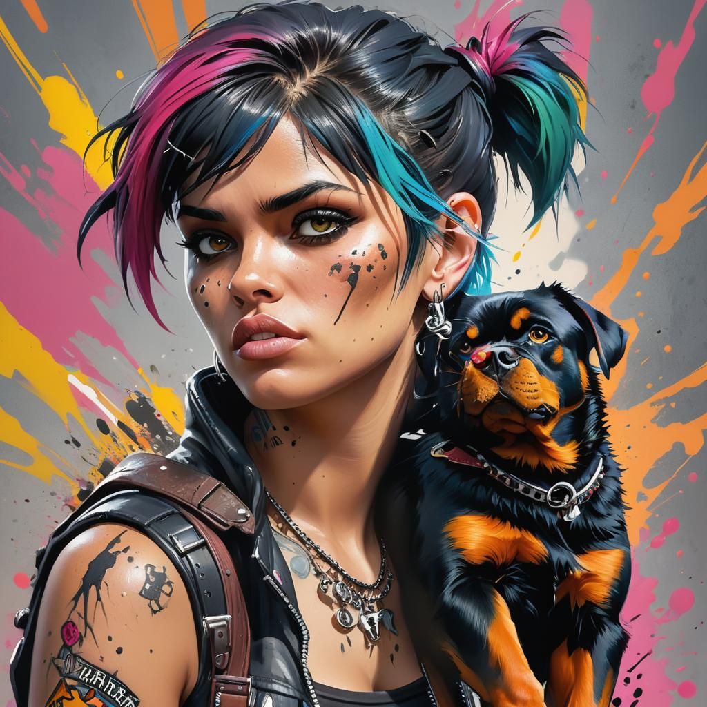Punk Girl with Rottweiler in Hyperrealistic Splash Art