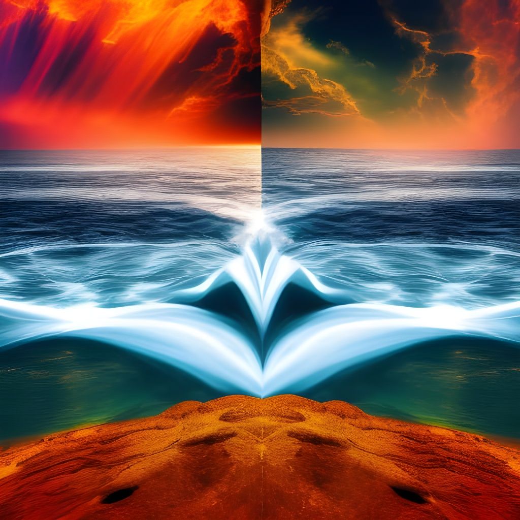 Alchemy textbook cover: Fire flames and water wave droplets and earth rock sand boulders and air cloud wind smoke