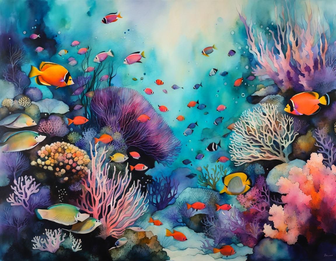 Thriving Coral Reef in Pastel Encaustic Painting