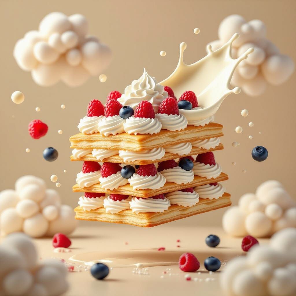 Hyperrealistic 3D Render of a Floating Mille-Feuille Dessert