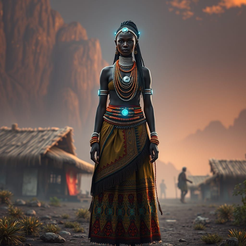 Regal Tsonga Solar Priestess in Futuristic Village