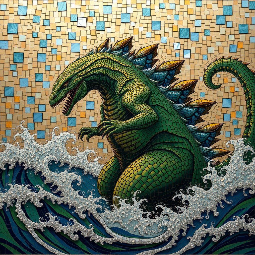Godzilla Emerges from the Ocean in a Vibrant Mosaic Masterpi...