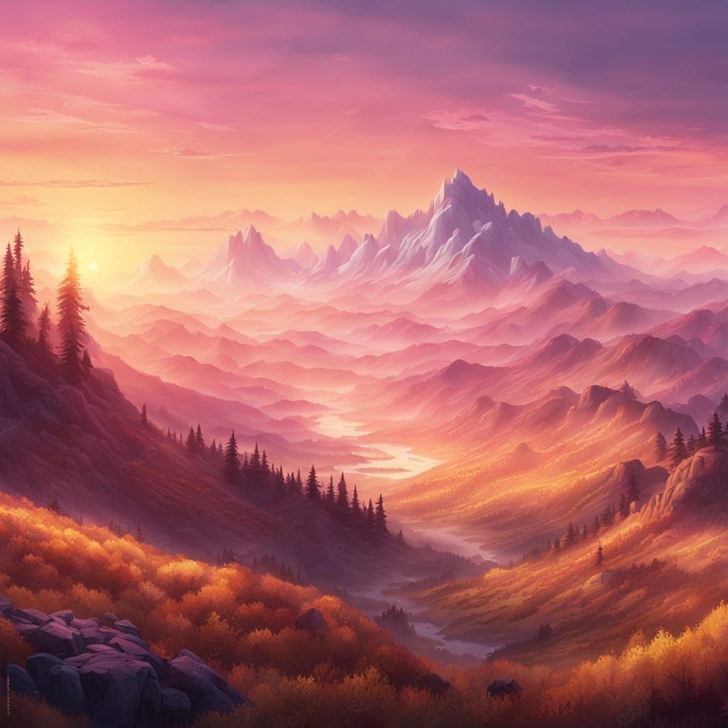 Mystical Sunset Mountain Range: A Vibrant Fantasy Landscape