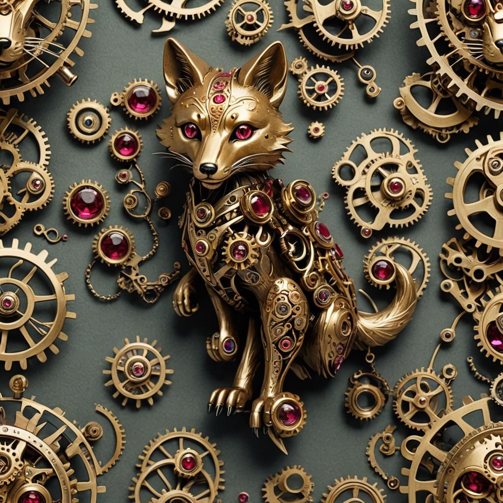 Clockwork Fox with Ruby Eyes and Brass Accents