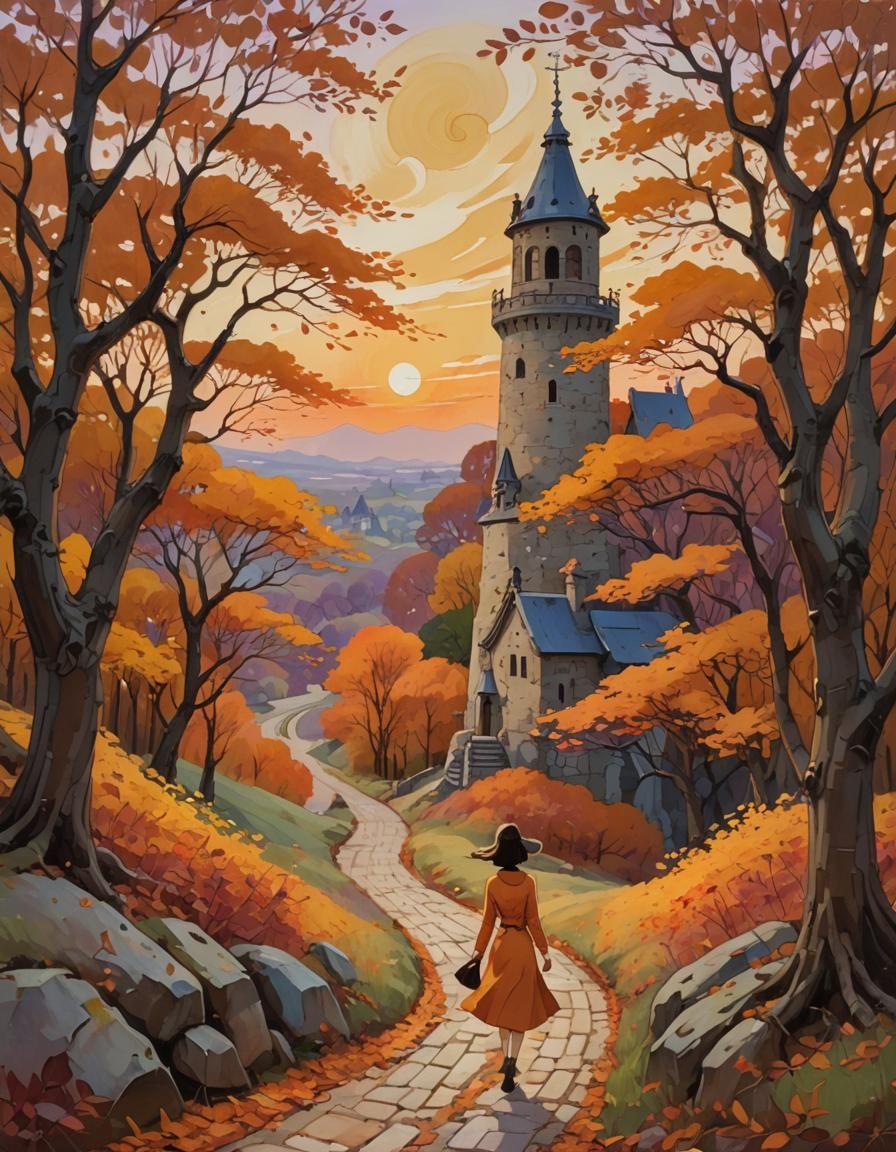 Enchanting Autumn Tower: A Whimsical Oil Painting