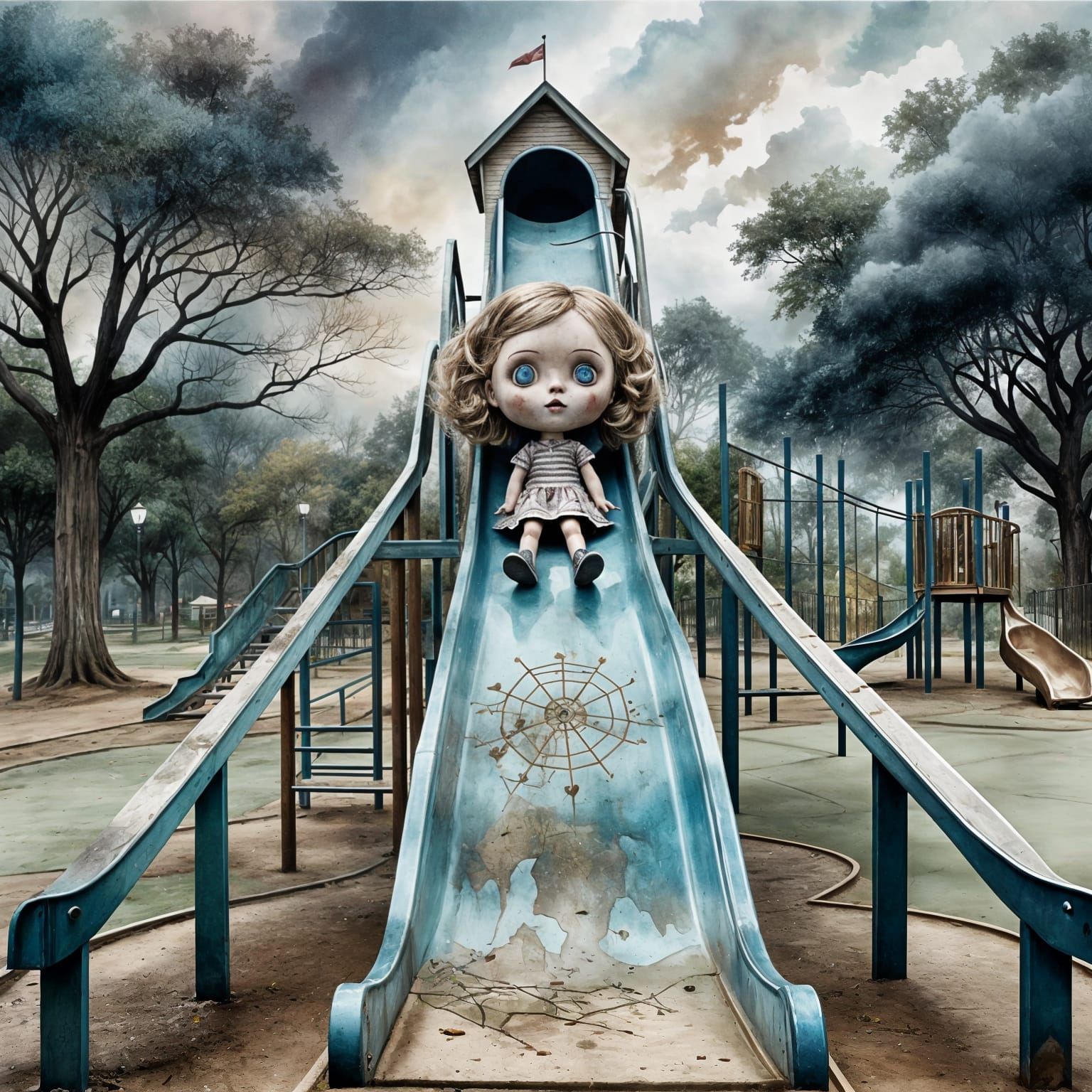 Creepy Doll Dominates Neglected Slide: Watercolor