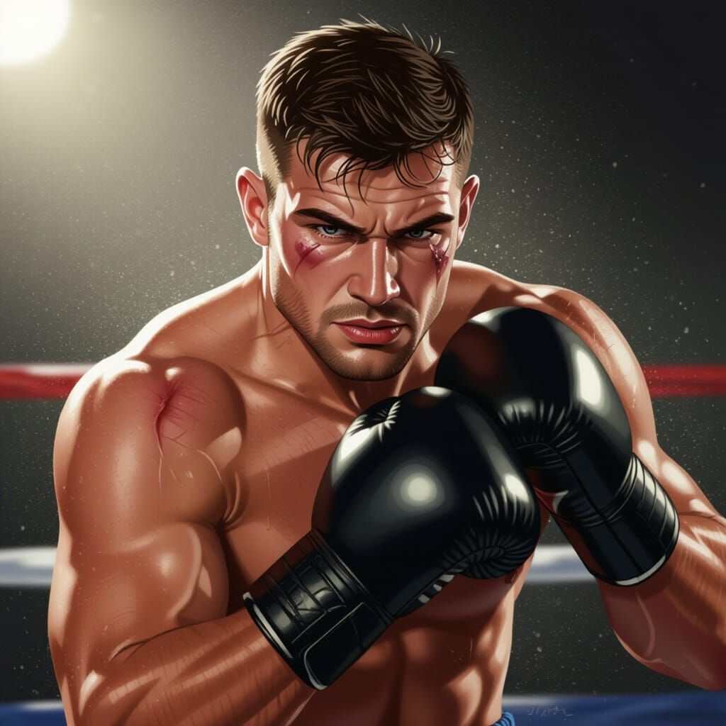 Dramatic Portrait of Boxer in Action as Oil Painting