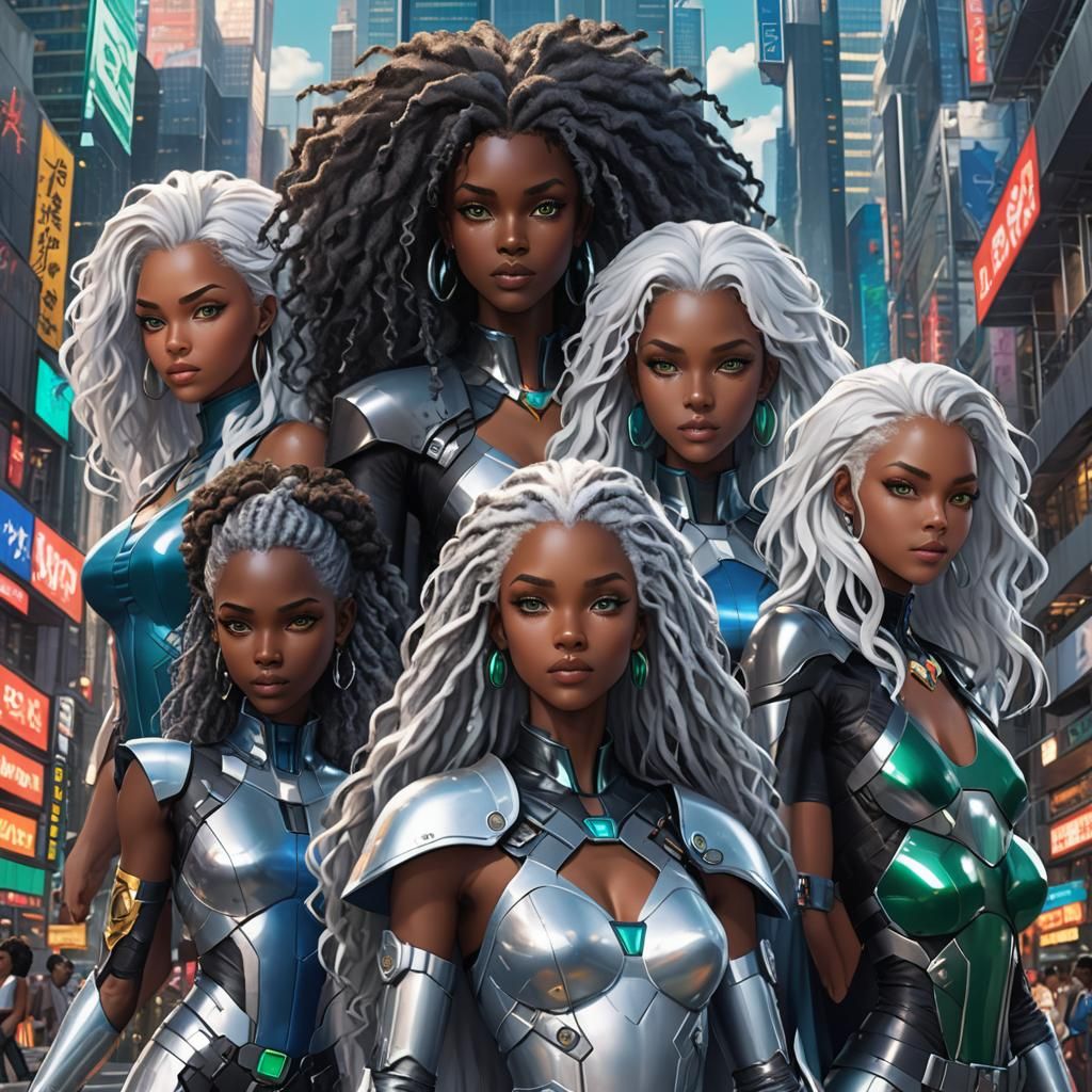 Anime-Style Superpowered Women in Futuristic Cityscape