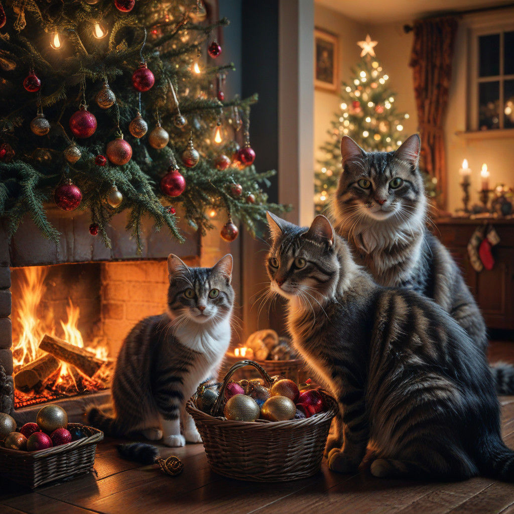 Magical Cats Gather Around Christmas Fire