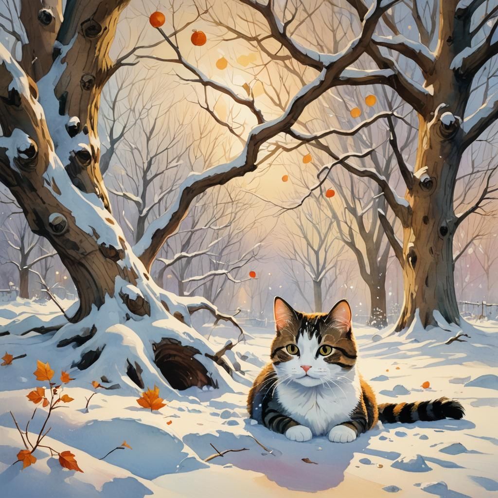 Cozy Cat in Winter Wonderland: Watercolor Illustration