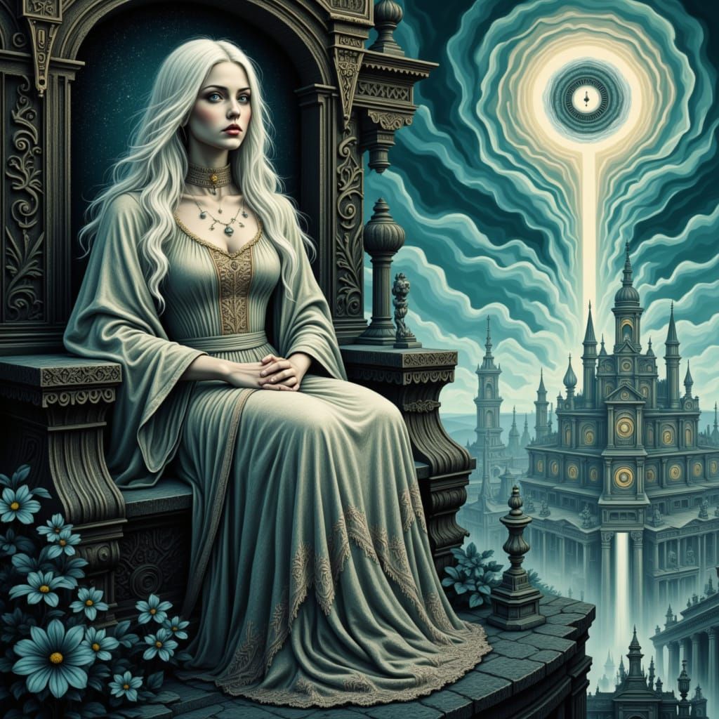 Empress on Geode Throne in Steampunk City