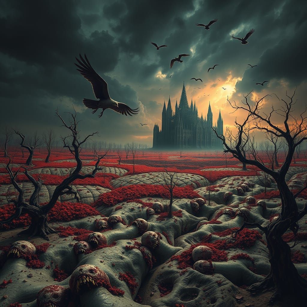 A nightmarish, surreal landscape drenched in darkness and dread. The sky churns with heavy, black clouds that drip thick...