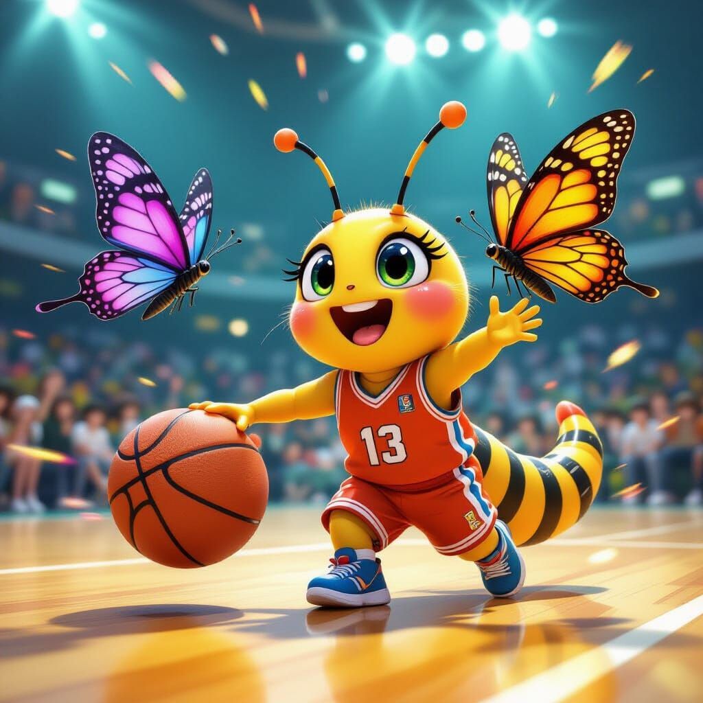 Caterpillar and Butterfly Play Basketball: 3D Anime Art