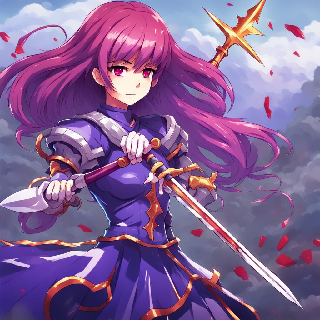 Anime Queen with Trident and Purple Hair