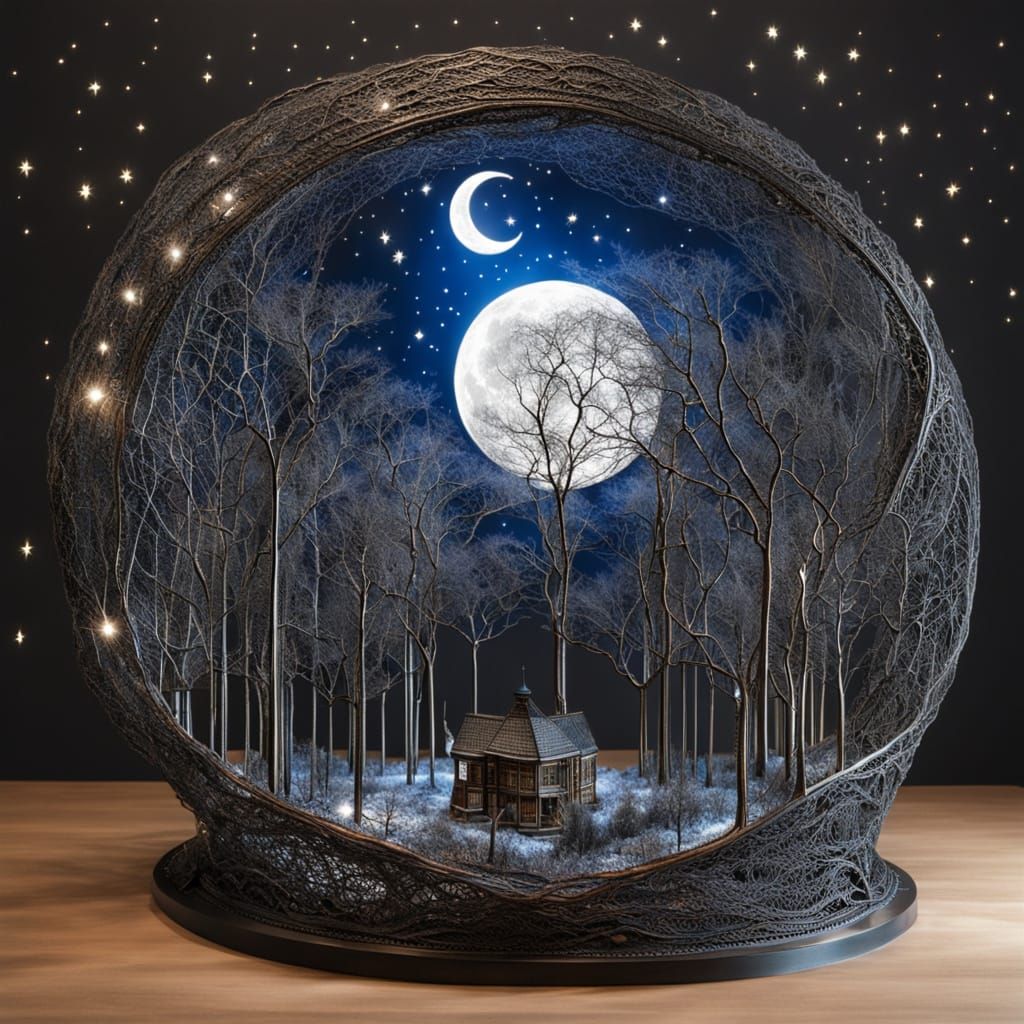 Intricate Metal Wire Sculpture of Moon Forest Library