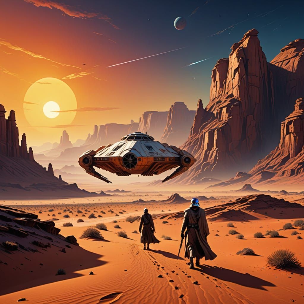 Vibrant Jedi Spaceship in Desert Oil Painting