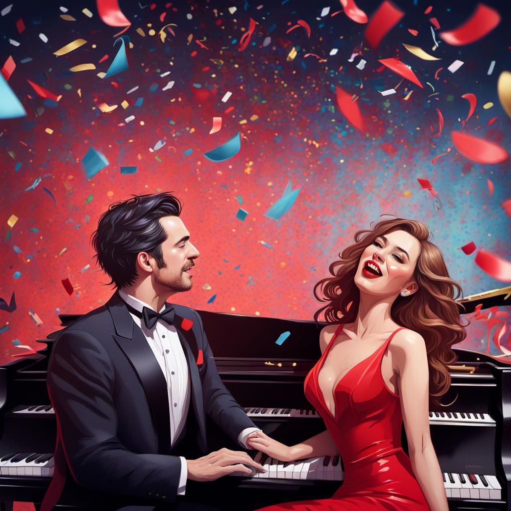 Nightclub Piano Scene with Confetti Explosion