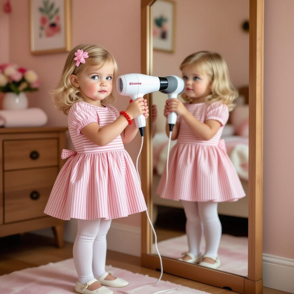 Innocent Girl with Hairdryer in Playroom, Ultra-Realistic