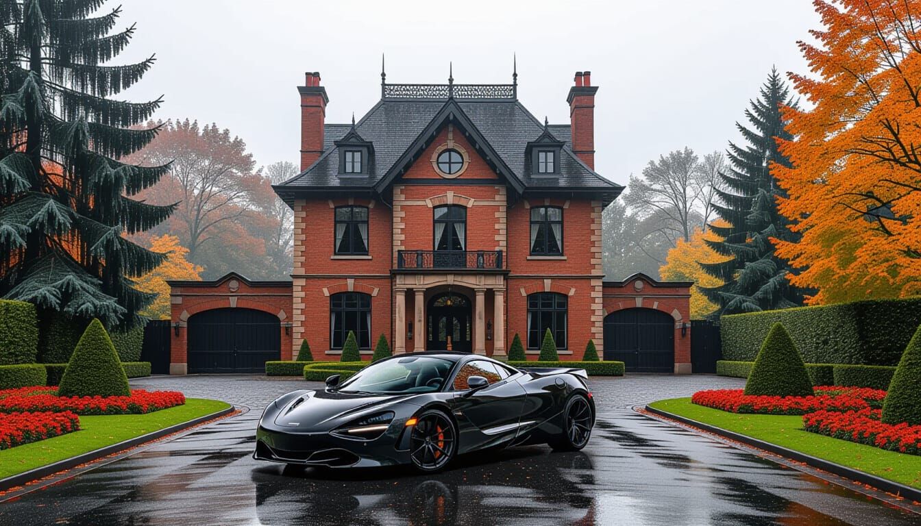 Victorian Chateau with McLaren in Misty Autumn Landscape