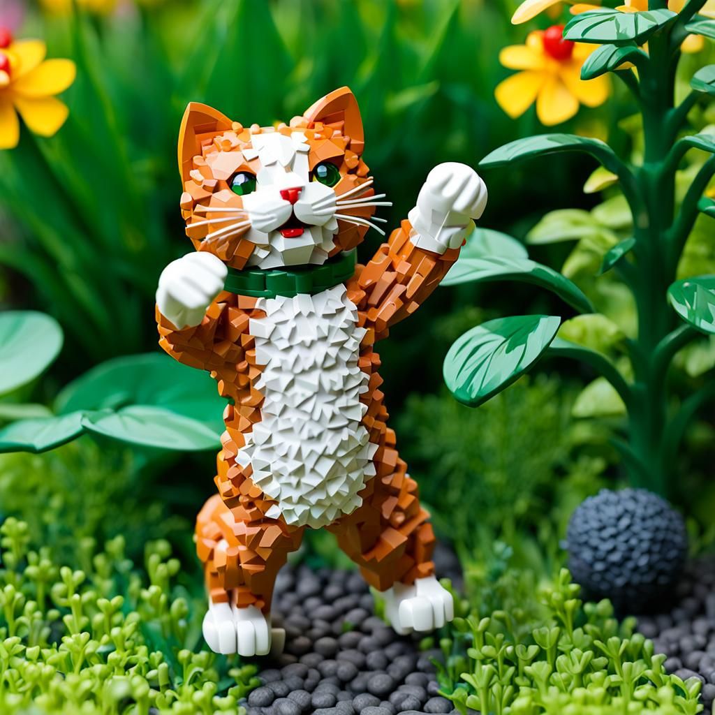 Lego Ginger Cat Figurine Playing in Garden