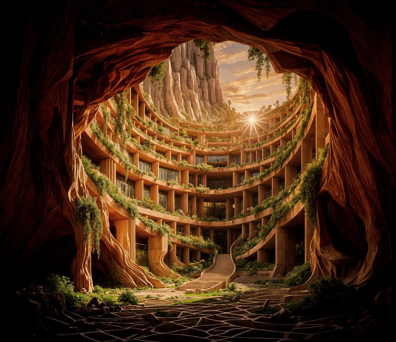 Cliffside Arcology: Brutalist Architecture in Digital Gouach...