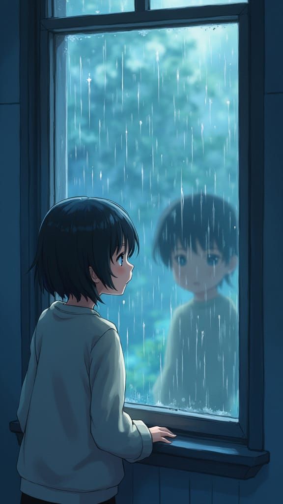 Anime Girl Gazes Through Rainy Window With Reflection